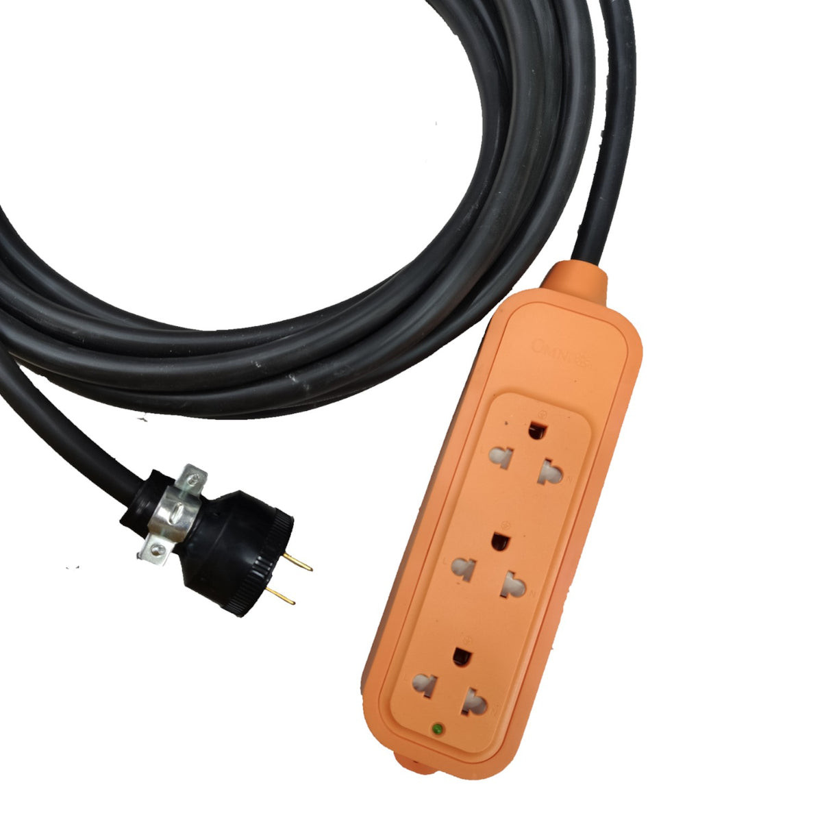 An orange 6-outlet power strip with a black power cord and a black plug, shown on a plain white background.