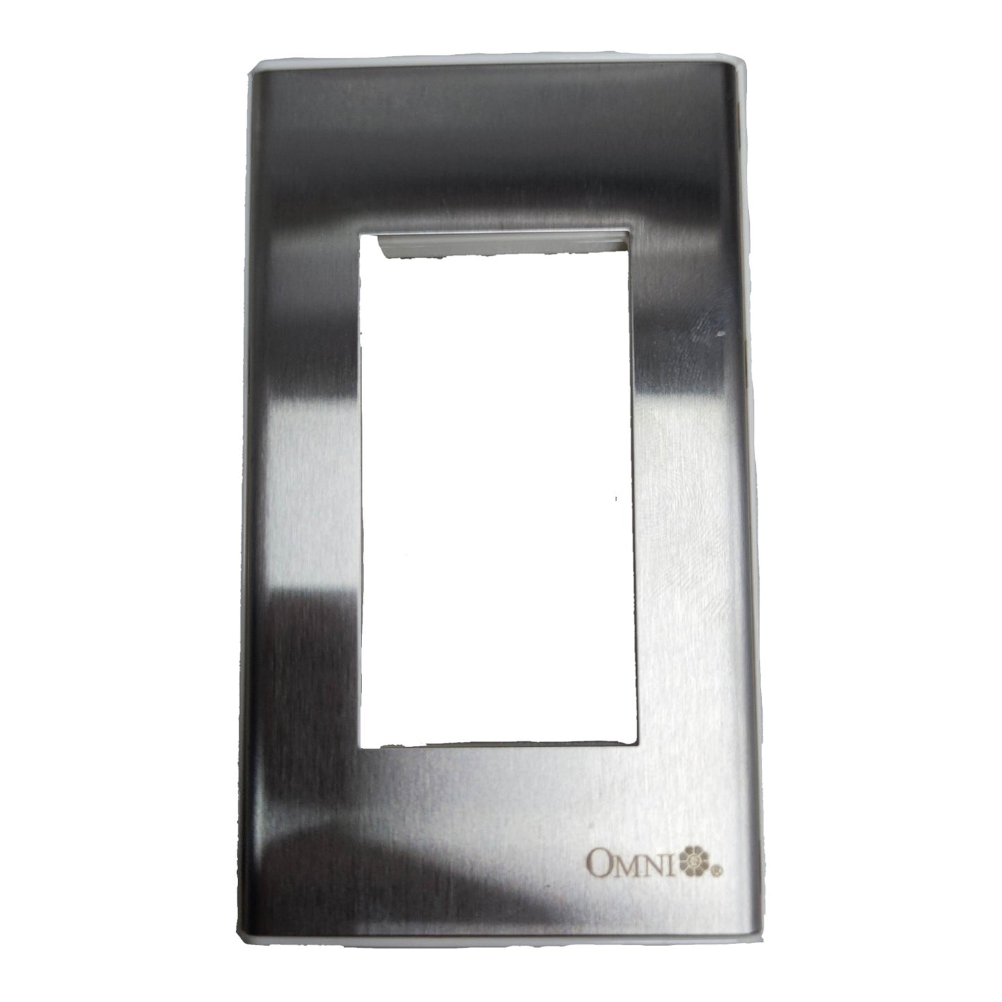 A brushed stainless steel light switch plate cover with a rectangular cutout in the center and the brand name 'OMNI' printed in the bottom right corner, shown against a plain white background.
