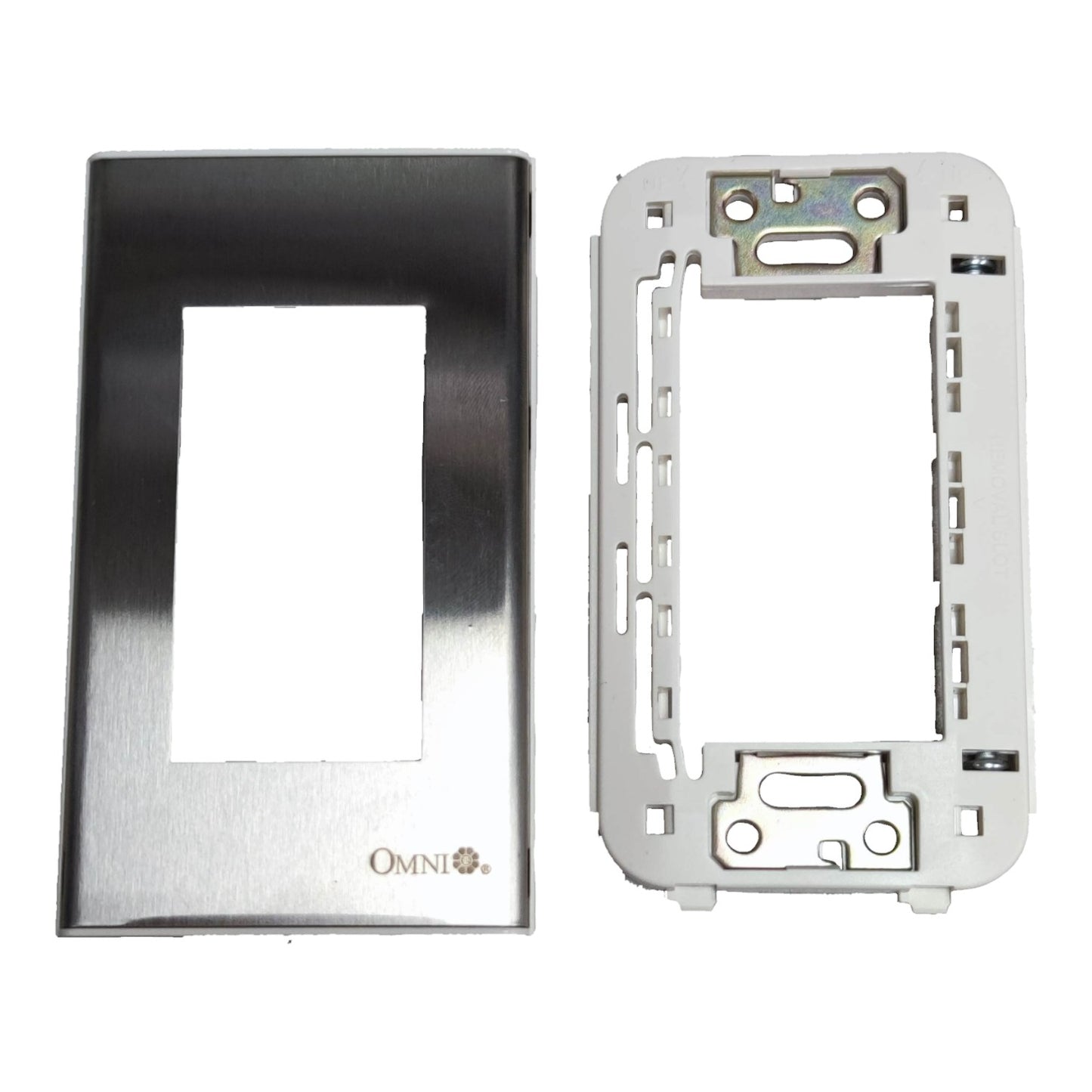 A pair of replacement electrical wall plates from the brand Omni, featuring a brushed stainless steel faceplate on the left and a white mounting frame on the right, set against a plain white background.