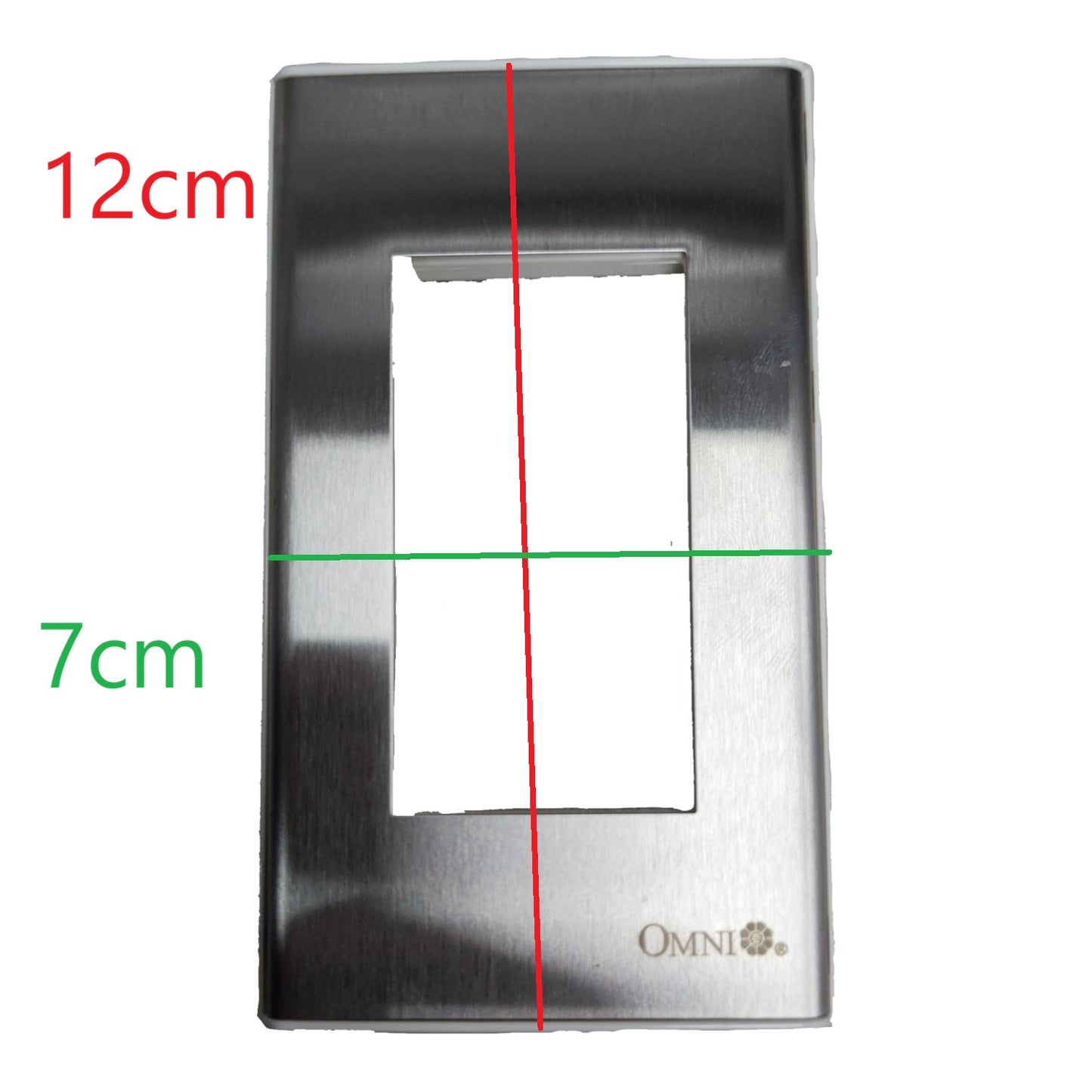 A brushed stainless steel light switch plate with a central cutout, shown with red and green measurement lines and text indicating dimensions of 12cm by 7cm on a white background.