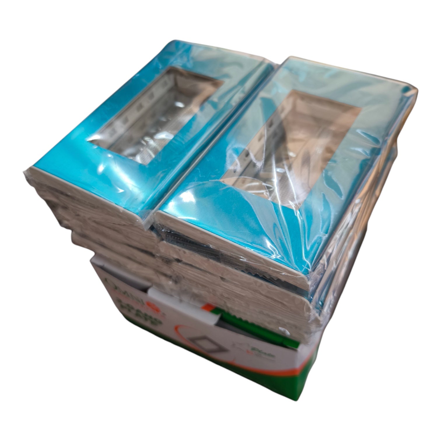 Two packaged double-gang light switch modules with turquoise blue backplates, wrapped in clear plastic, stacked on top of each other on a white background.