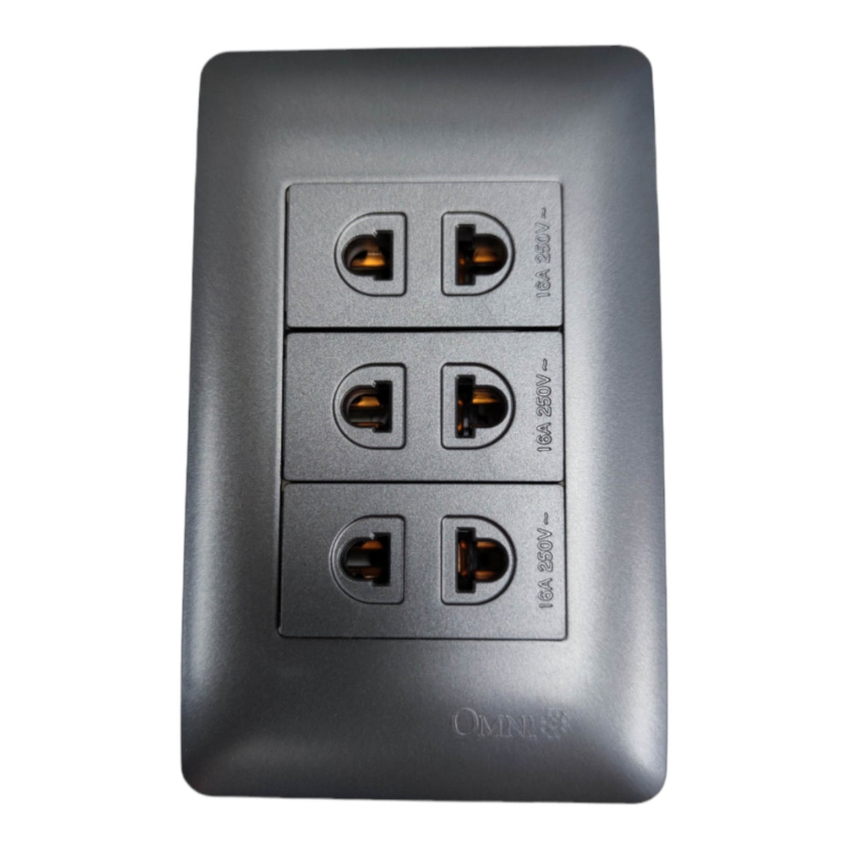 A dark gray three-outlet wall socket panel with a matte finish and the brand name 'OMNI' embossed at the bottom, shown against a plain white background.