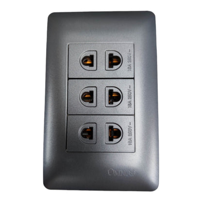 A dark gray three-outlet wall socket panel with a matte finish and the brand name 'OMNI' embossed at the bottom, shown against a plain white background.