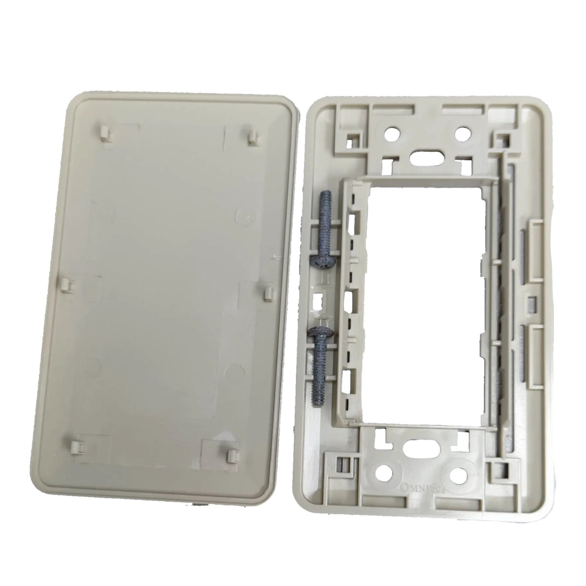 A light beige plastic electrical switch plate kit showing both the front cover plate and the back mounting frame with two mounting screws, isolated on a white background.