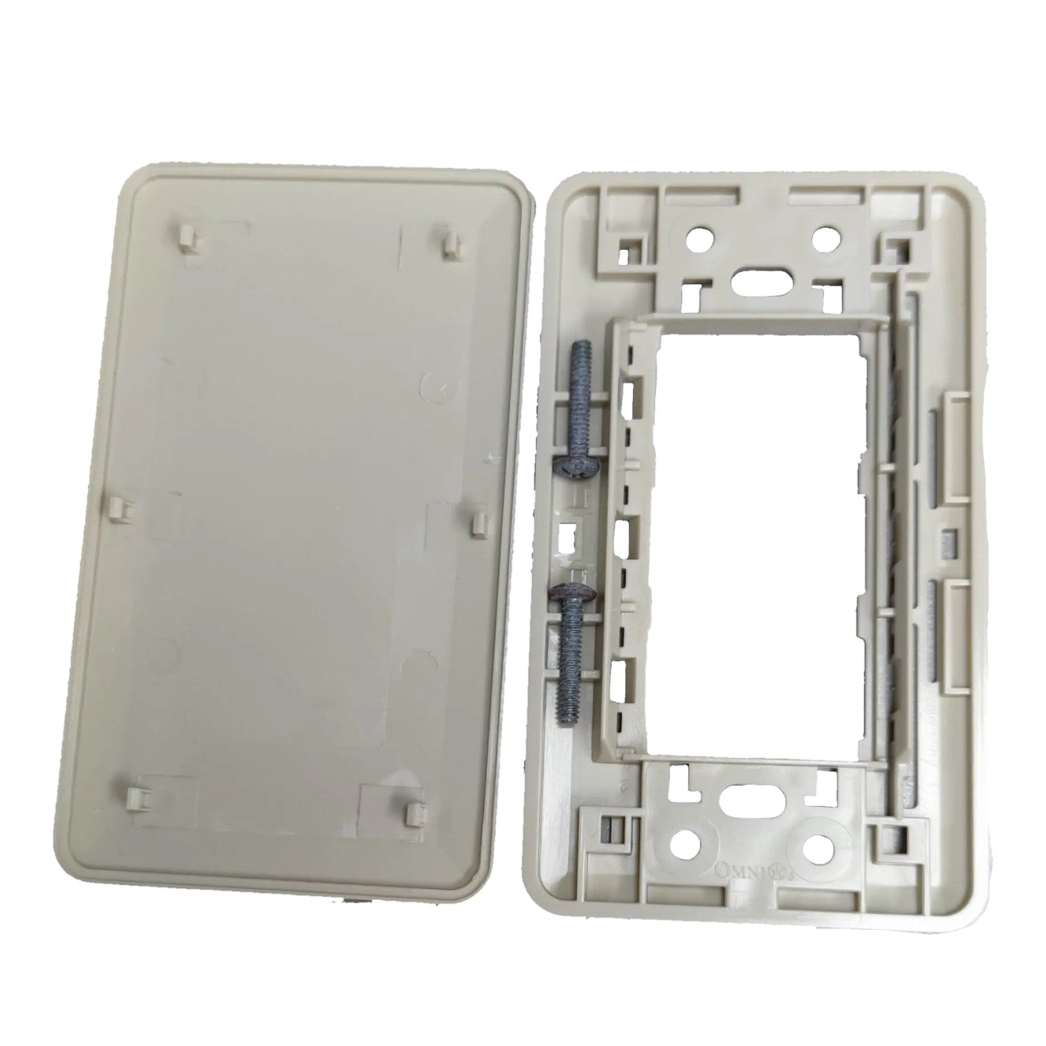 A light beige plastic electrical switch plate kit showing both the front cover plate and the back mounting frame with two mounting screws, isolated on a white background.