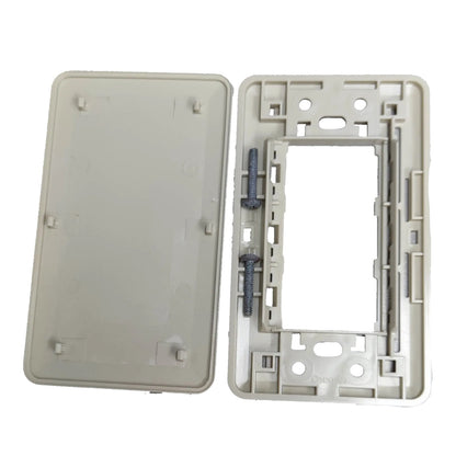 A light beige plastic electrical switch plate kit showing both the front cover plate and the back mounting frame with two mounting screws, isolated on a white background.