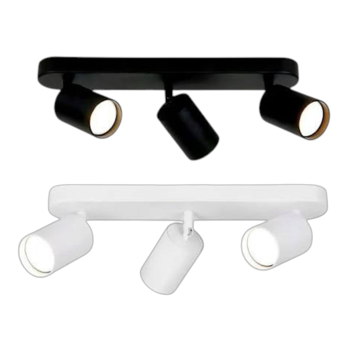 Three-light linear track ceiling fixture shown in two color options: matte black at the top and white at the bottom, on a plain white background.