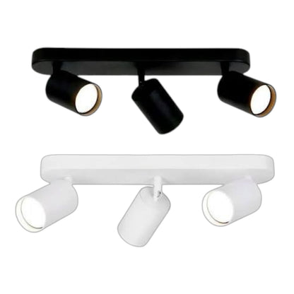 Three-light linear track ceiling fixture shown in two color options: matte black at the top and white at the bottom, on a plain white background.