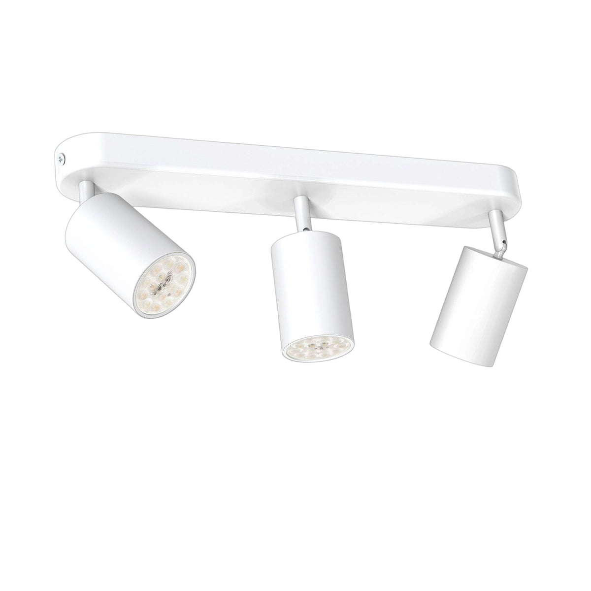 A modern three-light track ceiling fixture in white, featuring three adjustable cylindrical spotlight heads on a rectangular bar, shown against a plain white background.