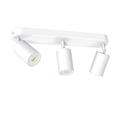 A modern three-light track ceiling fixture in white, featuring three adjustable cylindrical spotlight heads on a rectangular bar, shown against a plain white background.