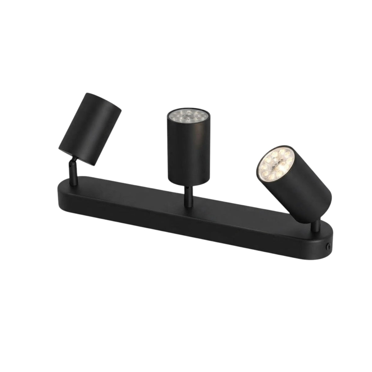 A modern three-light linear wall spotlight fixture in matte black, featuring two adjustable cylindrical heads and one central adjustable spotlight head, shown against a plain white background.