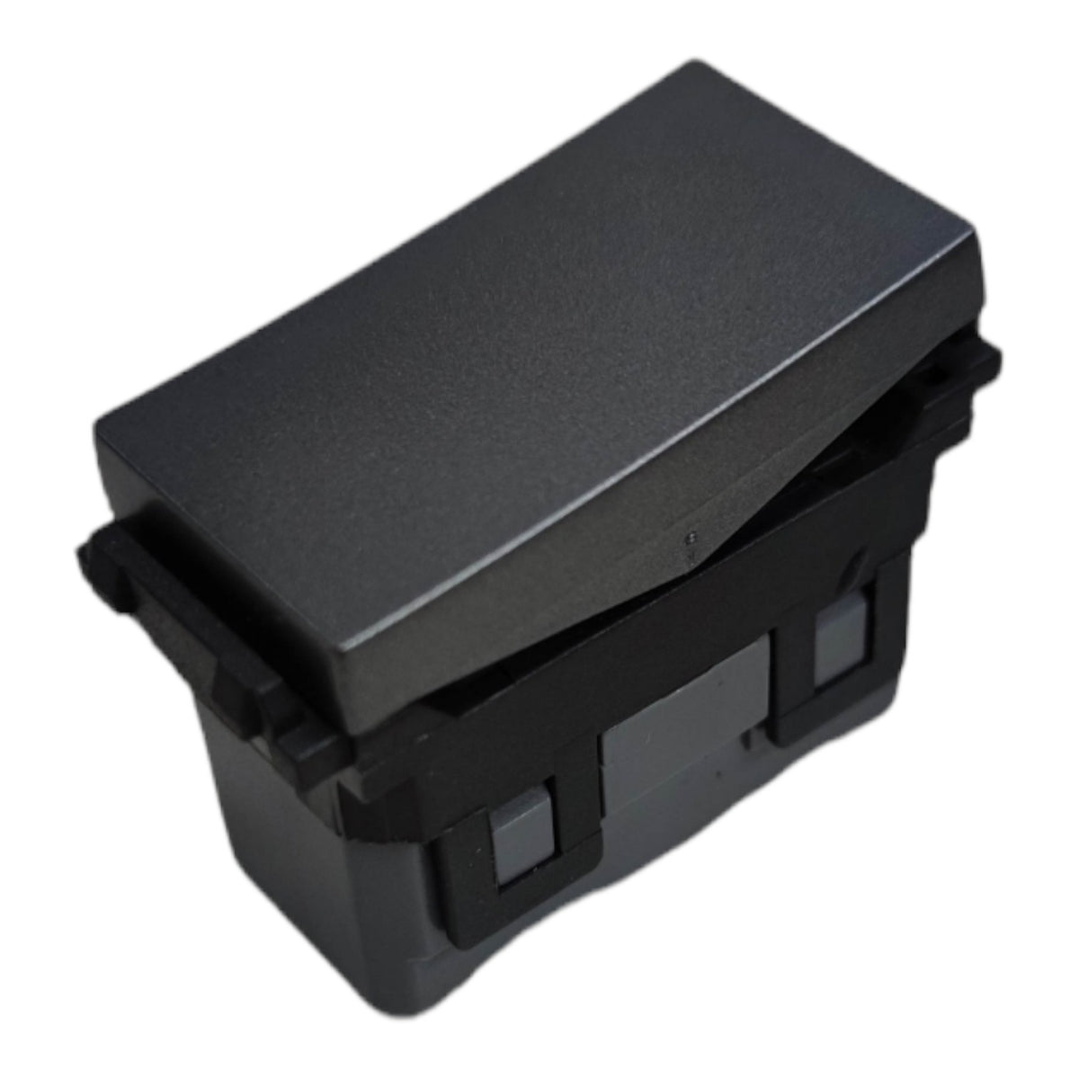 A black rectangular electrical switch module with a hinged top cover, shown on a plain white background.