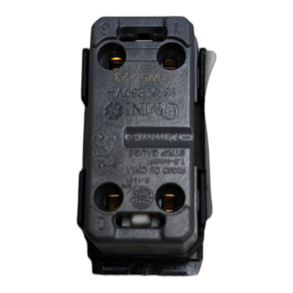 A black plastic electrical terminal block connector with gold-colored metal screw terminals and molded text specifications on the side, isolated on a white background.