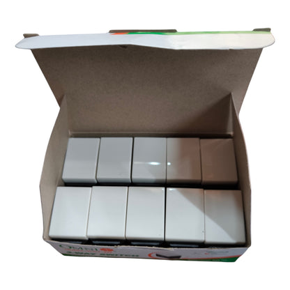 An open cardboard box containing multiple small white rectangular plastic components arranged in two rows, photographed on a plain white background.