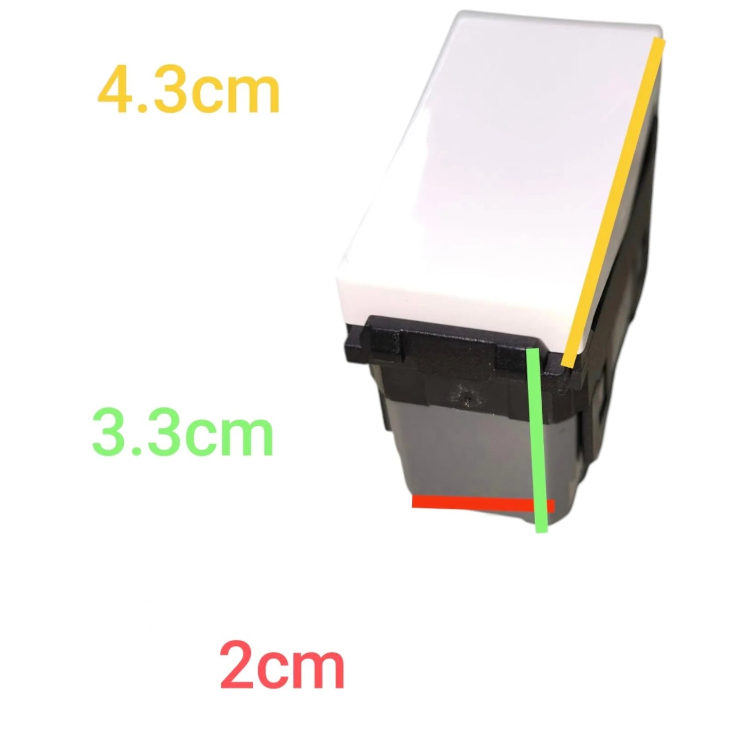 A rectangular light switch or electronic component shown on a white background with overlaid dimension labels: 4.3cm, 3.