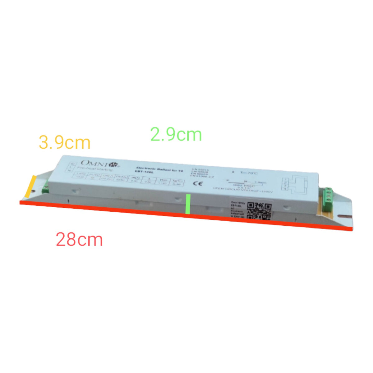 An OAVNI electronic battery pack with dimension labels showing 28cm length, 2.9cm width, and 3.