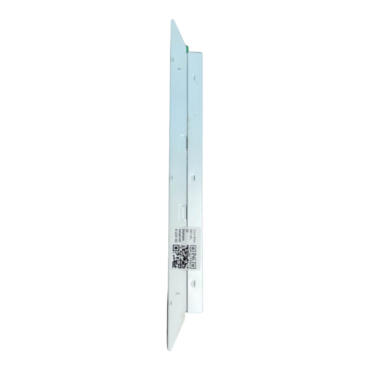 A long, narrow white rectangular panel or component shown upright on a plain white background, with a small printed label and QR code near the lower middle.