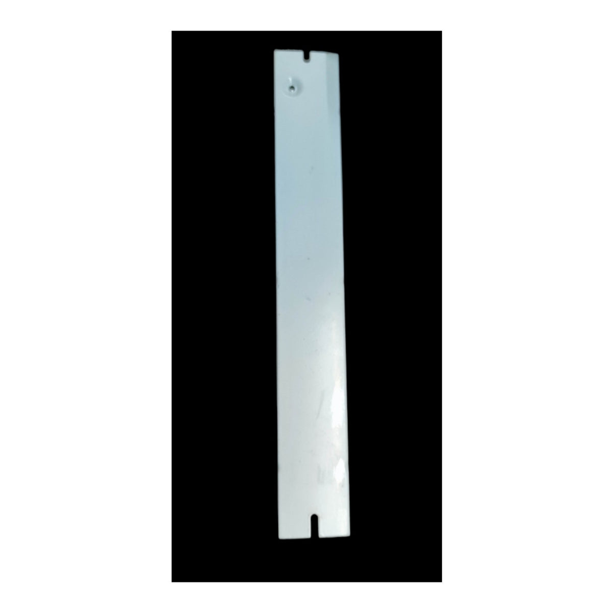 A long, narrow white rectangular panel with small cutouts near the top and bottom edges, shown vertically against a black background.