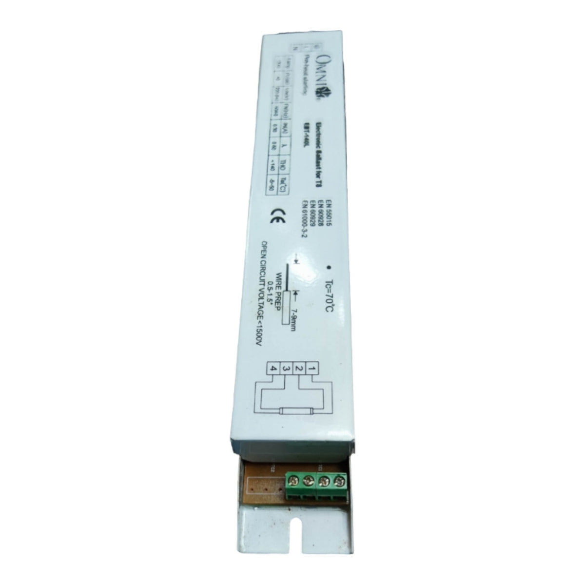 An Omnilight DC24V 1000LM linear driver power supply, model DSP-1000-24, featuring a white metal casing, printed technical specifications, and a green terminal block connector at the bottom.