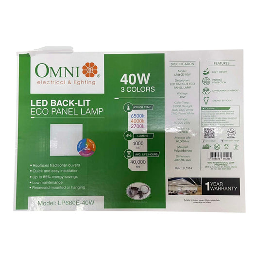 Omni Electrical & Lighting LP60E0-40W LED Back-Lit Eco Panel Lamp packaging box, showing green and white design with product specifications and features.