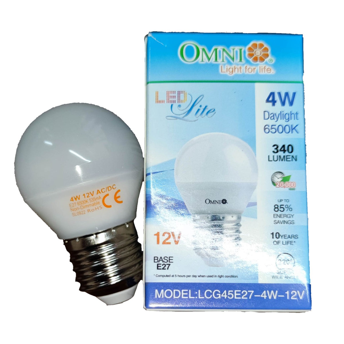 LED light bulb with its packaging featuring the Omni brand on a white background