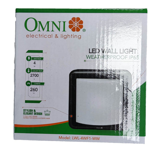 OMNI Electrical & Lighting LED wall light box, model LWL-4WF1-WW, featuring a white and green package design with product specifications and a photo of the black-framed wall light.