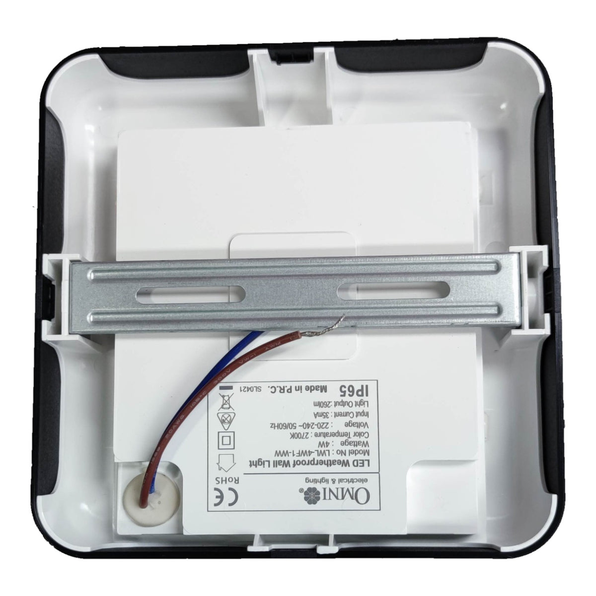 The back side of a square white and black outdoor LED wall light housing, showing the internal metal mounting bracket, wiring, and printed specifications including the Omini brand logo.