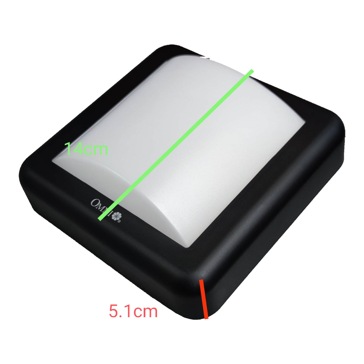 A square black outdoor wall light with a curved white diffuser, shown on a white background with green, red, and black dimension overlays indicating 14cm, 5.1cm, and overall size.