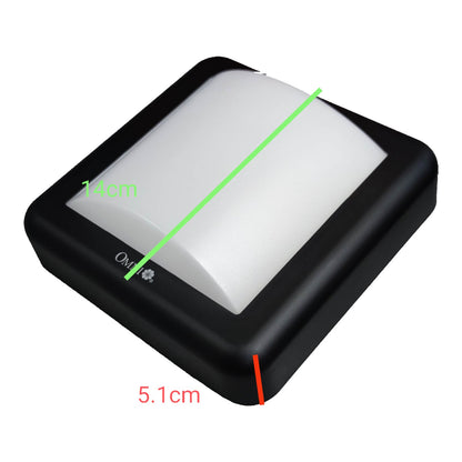 A square black outdoor wall light with a curved white diffuser, shown on a white background with green, red, and black dimension overlays indicating 14cm, 5.1cm, and overall size.