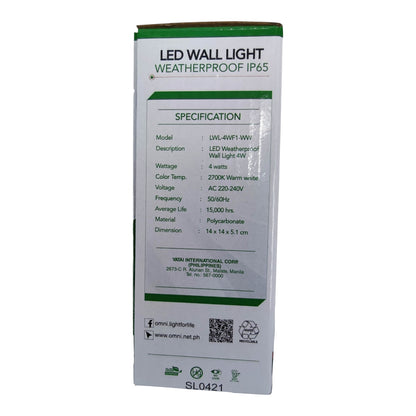 A tall white product box for an LED wall light, with green accents and printed specifications including IP65 weatherproof rating, model UWL-4WF1-WW, and dimensions 14 x 14 x 5.1 cm.