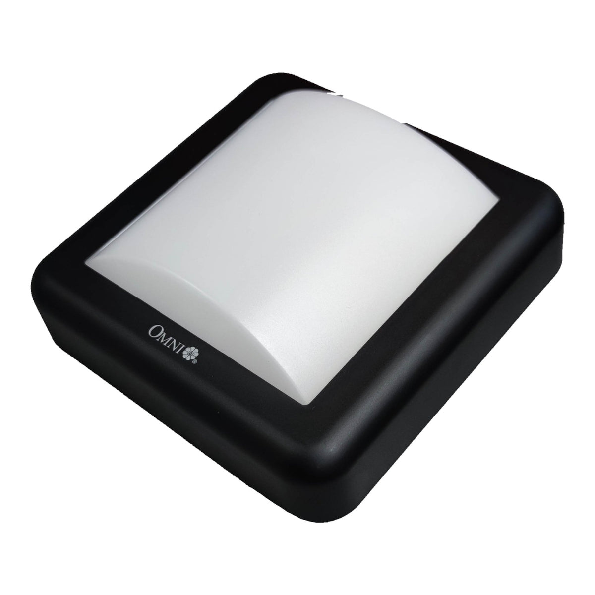 A square black outdoor light fixture with a curved white diffuser, shown at an angle on a white background. The brand name 'OMNI' is visible on the side.