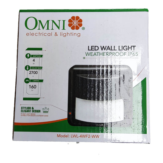 OMNI Electrical & Lighting LED Wall Light LWL-4WF2-WW in its original white packaging box, featuring green and orange branding and product specifications.