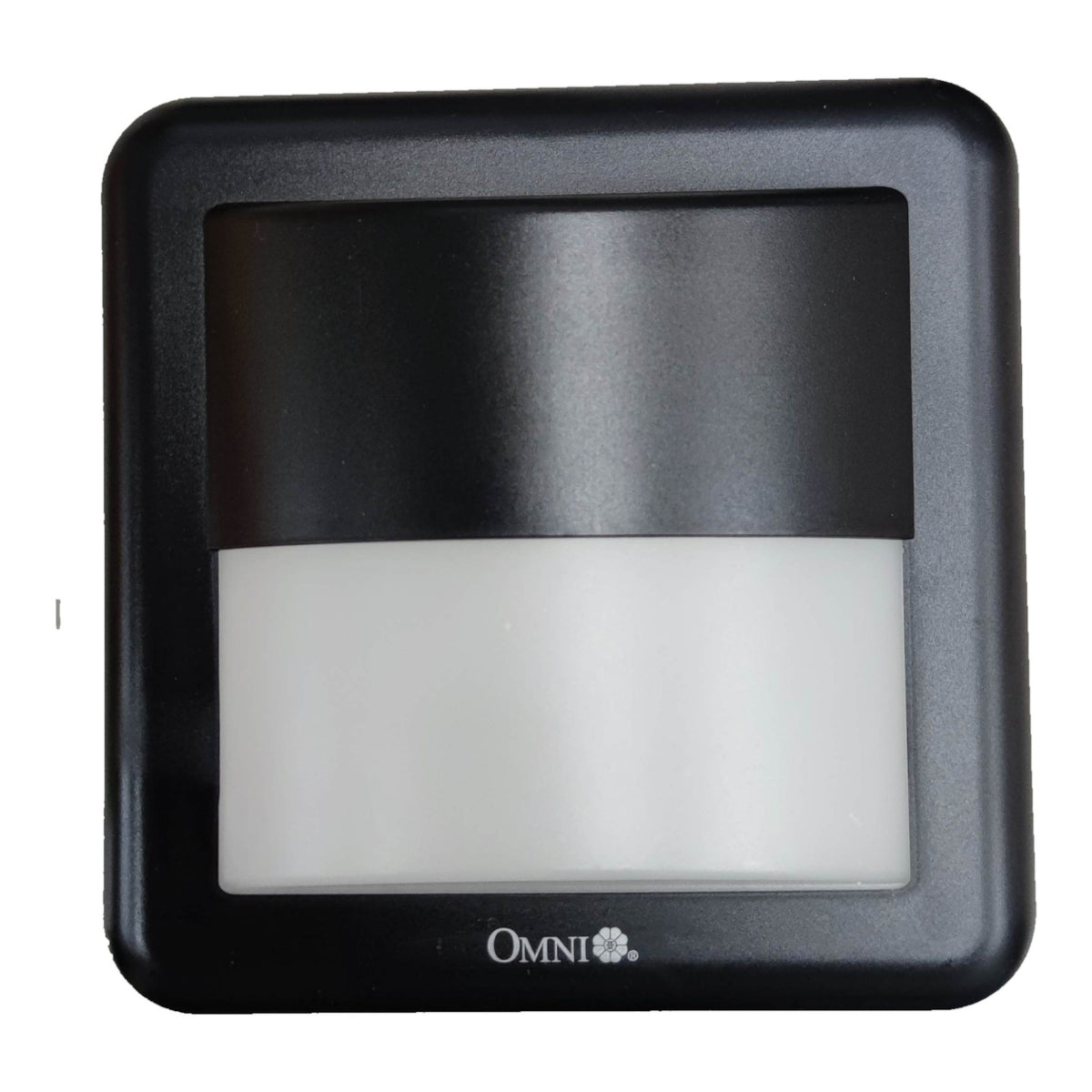 A square black outdoor light fixture with a frosted white diffuser panel, featuring the 'OMNI' brand name and logo at the bottom center.
