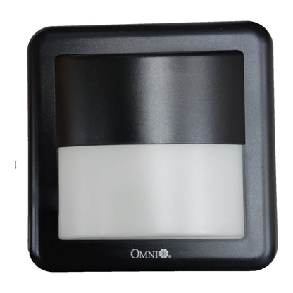 A square black outdoor light fixture with a frosted white diffuser panel, featuring the 'OMNI' brand name and logo at the bottom center.
