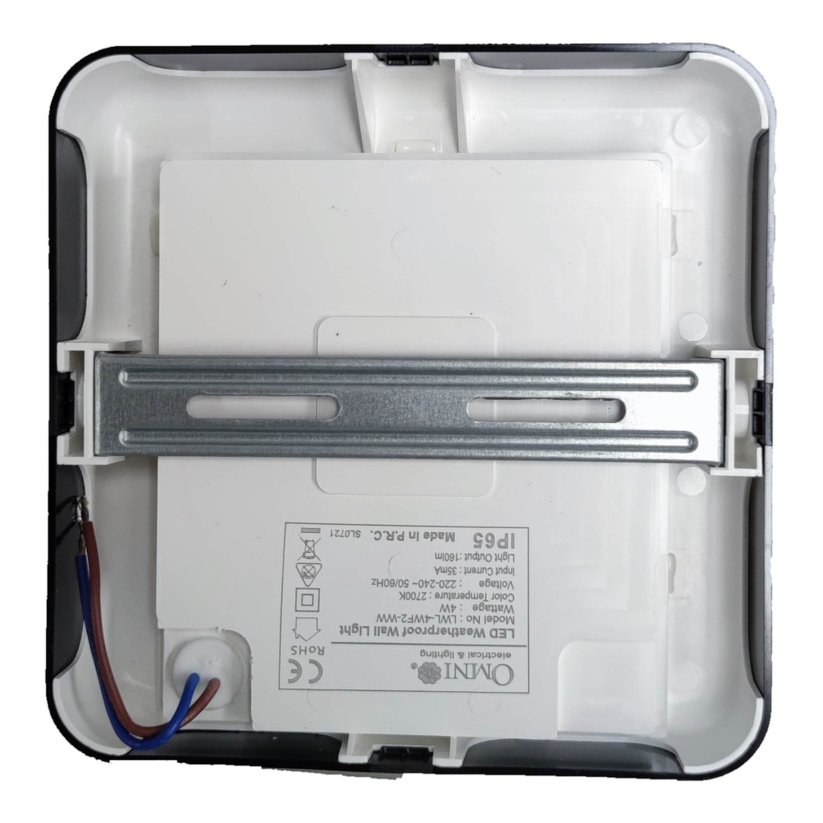 The back side of a white Omni IP68 smart wall light, showing the mounting bracket, internal plastic structure, and wiring.