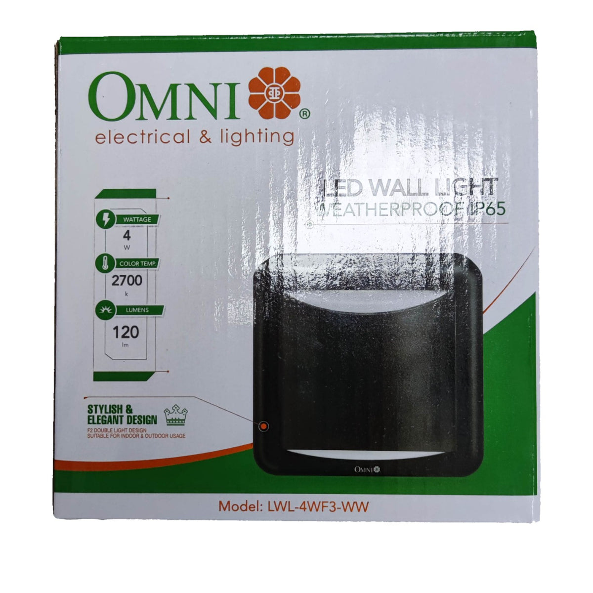 OMNI Electrical & Lighting LED Wall Light weatherproof IP65 product packaging box, model LWL-4WF3-WW, featuring a black rectangular wall light illustration on a white, green, and orange box.
