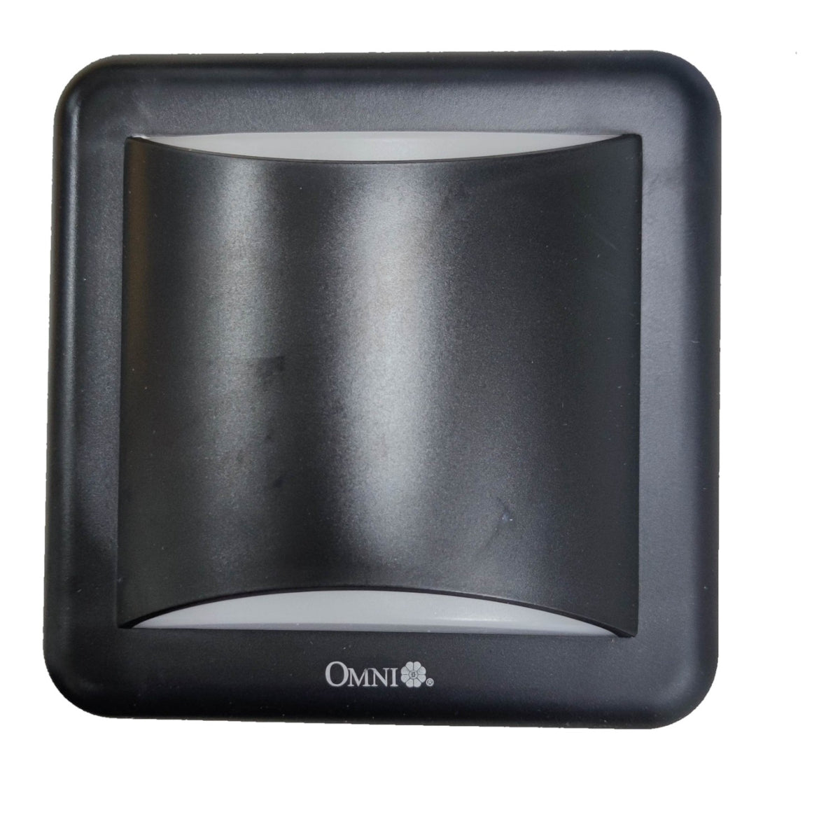 A square black outdoor wall light fixture with a curved central lens and the brand name 'OMNI' printed at the bottom, shown against a plain white background.