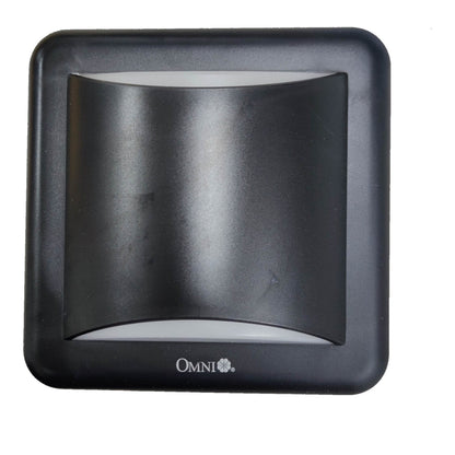 A square black outdoor wall light fixture with a curved central lens and the brand name 'OMNI' printed at the bottom, shown against a plain white background.