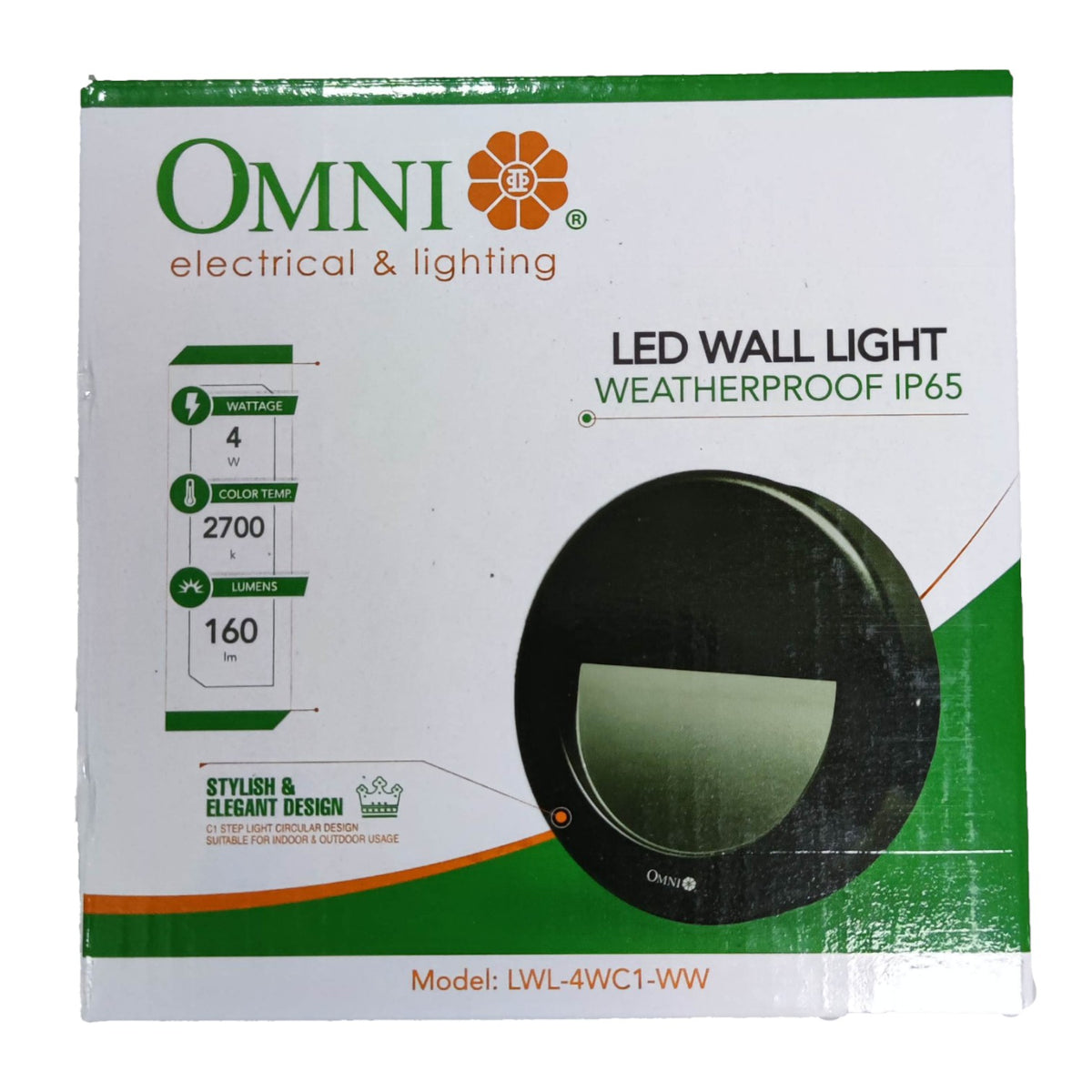 OMNI Electrical & Lighting LED Wall Light weatherproof IP65 product packaging box, model LWL-4WC1-WW, featuring a white box with green and orange branding and a graphic of the black circular wall light.
