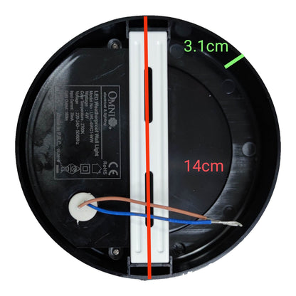 Top-down view of a circular black LED motion sensor wall light base with dimension annotations showing 14cm diameter, 3.1cm depth, and a vertical center line, on a white background.