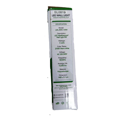 A tall, narrow product box for a waterproof LED wall light, shown on a plain white background. The packaging is white with green and black text and borders.