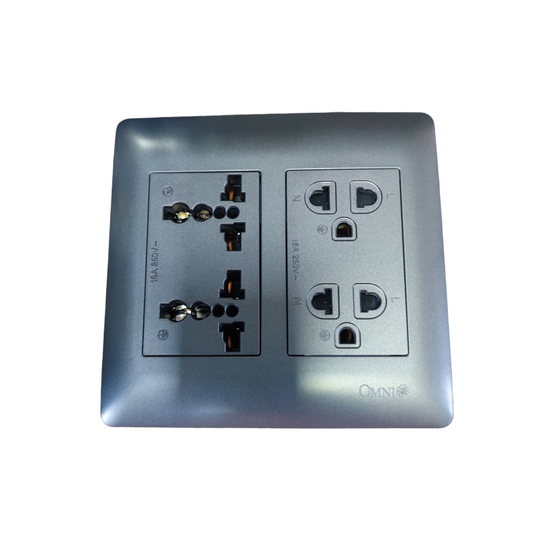 Omni 4 Gang Duplex Universal Outlet with multiple plug types and sleek silver finish