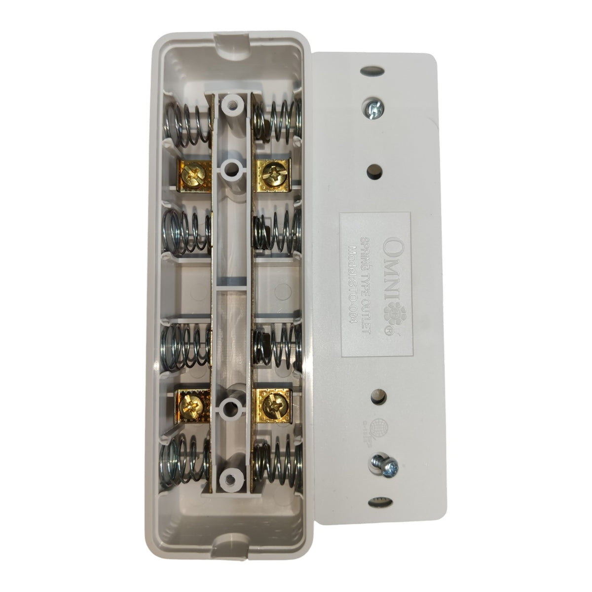 An Omni electrical double switch module shown open, revealing six spring-loaded contact points with gold-colored terminal caps inside a gray plastic housing, alongside its backplate.