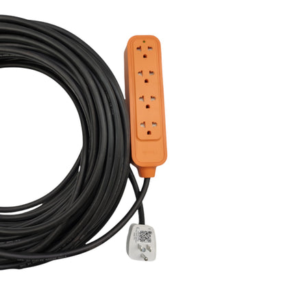 A coiled black extension cable with an orange multi-outlet power strip and a white grounding plug, shown on a plain white background.