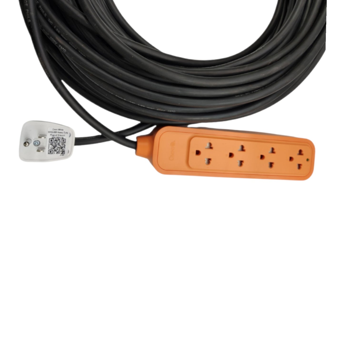 An orange multi-outlet power strip with a thick black power cord and a white power adapter plug, shown on a plain white background.