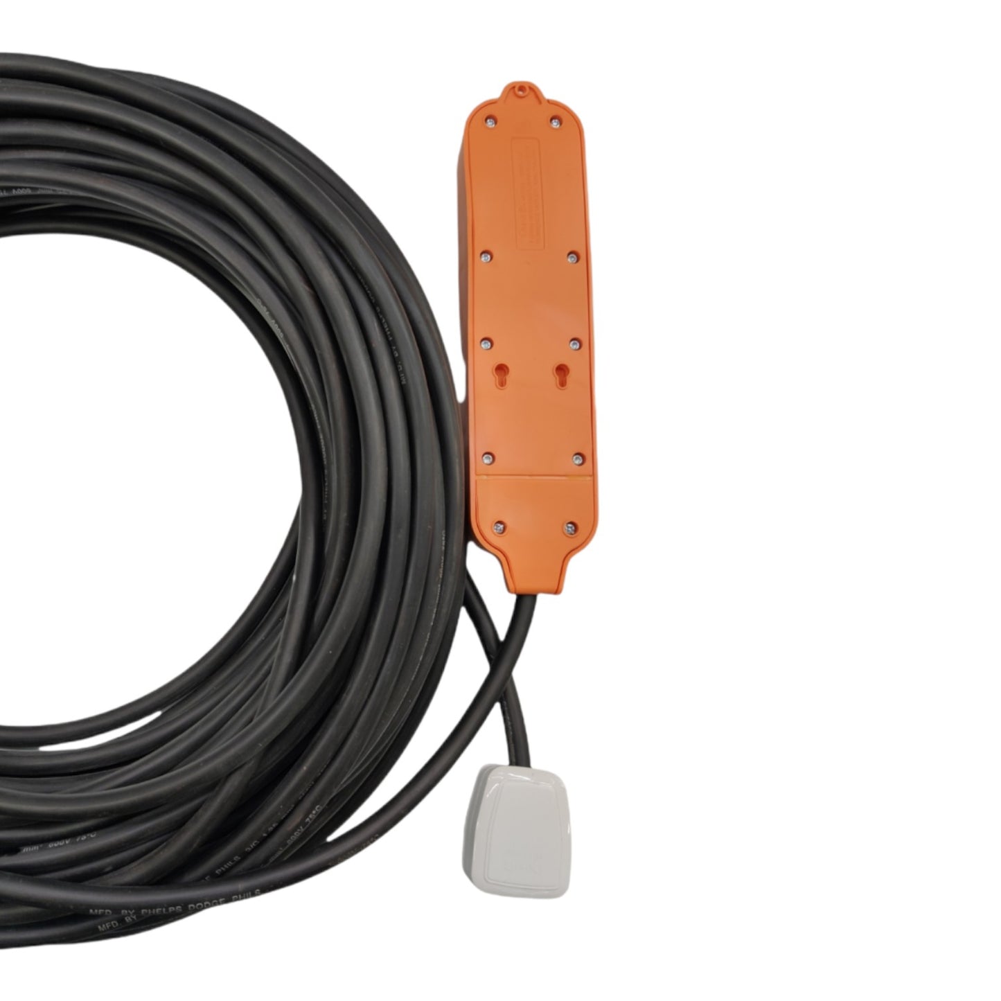 A coiled black cable with an orange rectangular sensor or connector piece and a small white end cap, photographed on a plain white background.