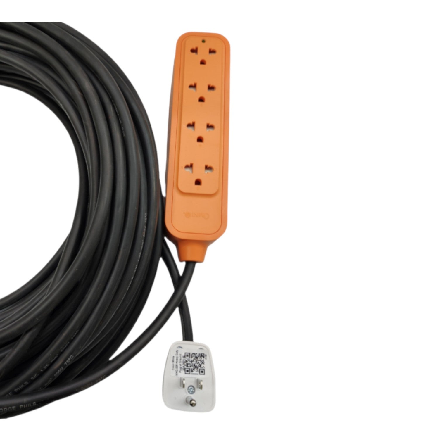 A coiled black extension cable with an orange multi-outlet power strip and a white two-pin plug, shown on a plain white background.