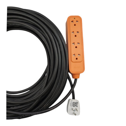 A coiled black extension cable with an orange multi-outlet power strip and a white plug, shown on a plain white background.
