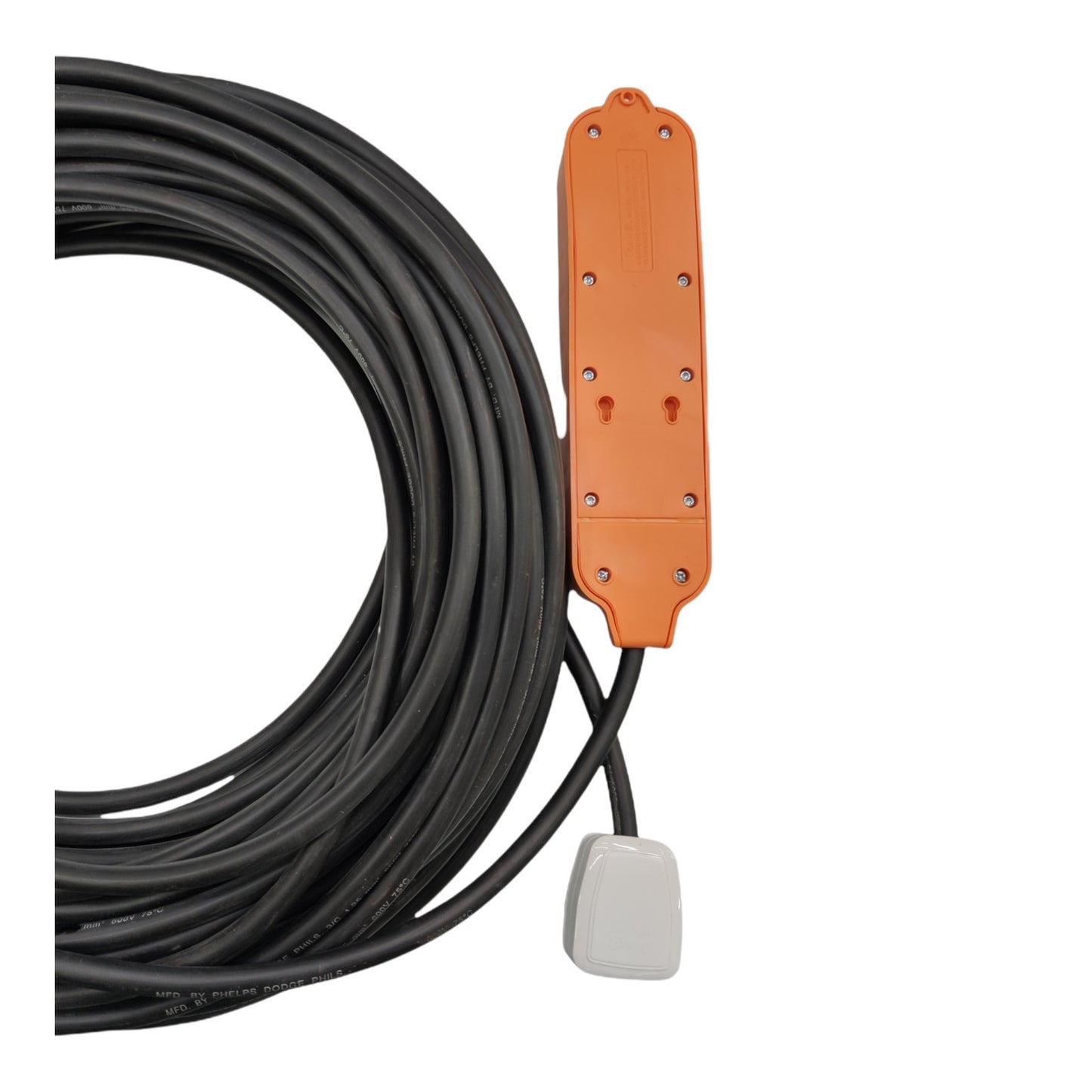 A coiled black cable assembly with an orange rectangular connector housing and a small white square component at the end, shown on a plain white background.