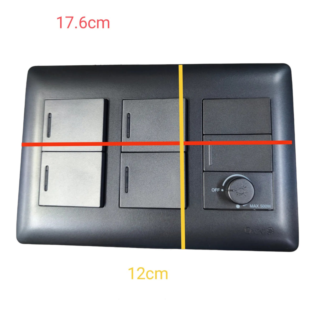 Black wall-mounted three-gang light switch panel with dimension annotations showing 17.6cm height, 12cm width, and a vertical yellow centerline and horizontal red measurement line overlaid on the product.